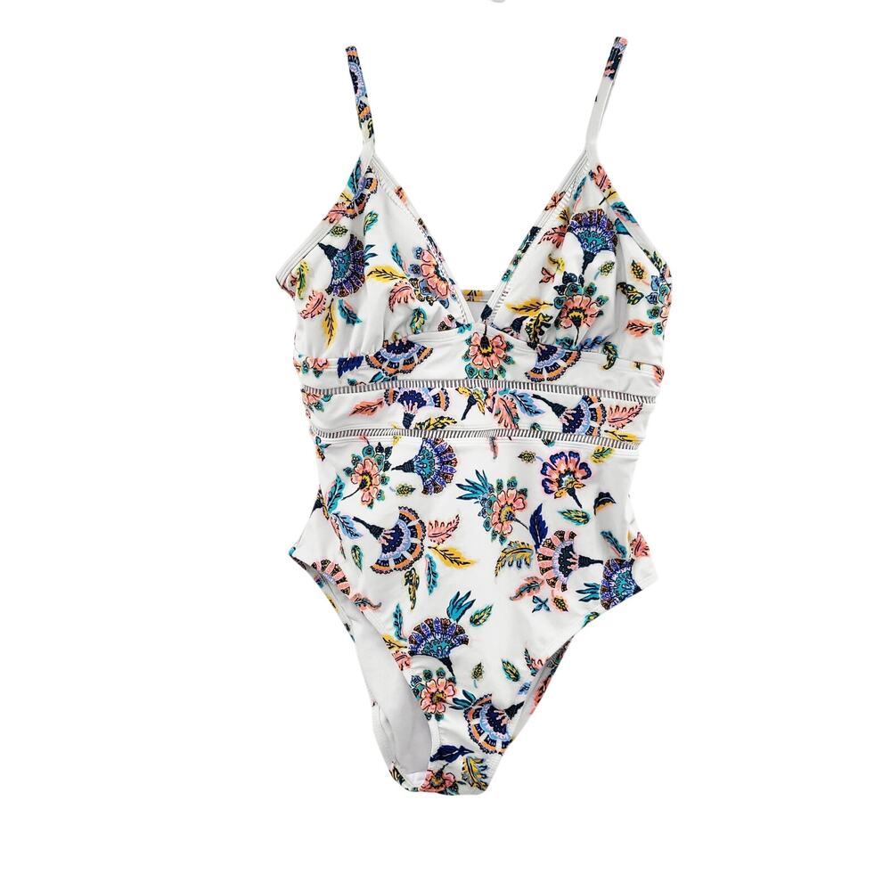 Kona Sol Women's Size L White Multicolor Floral One Piece Swimsuit Perforated